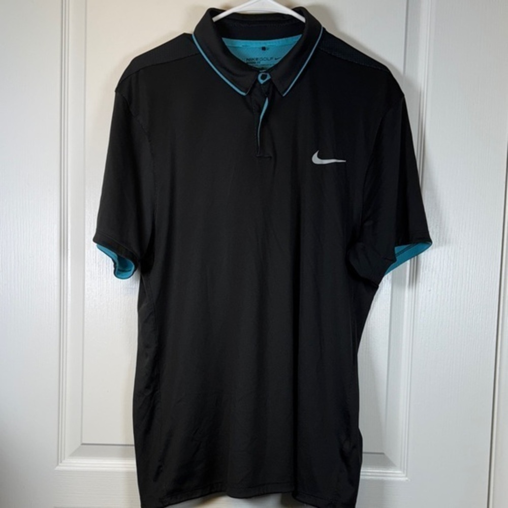Nike Golf Black Teal Modern Fit Polo Golf Dri-Fit Shirt Size Large EUC #5688